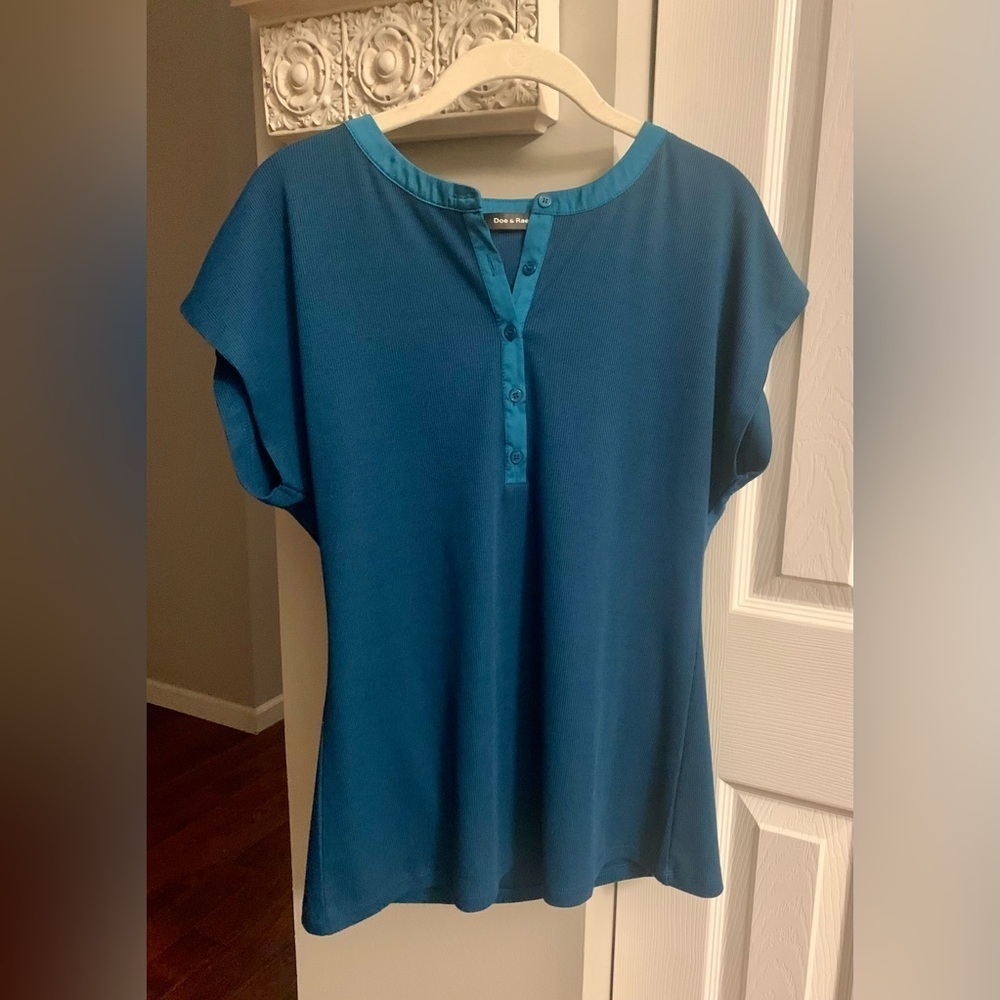 Doe & Rae Teal Cap Sleeve Blouse with Mandarin Collar - Size M